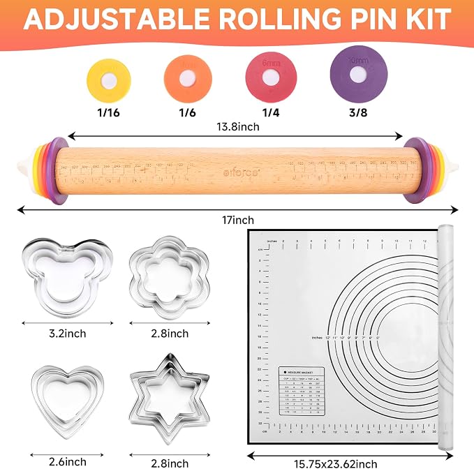 13.6" Adjustable Wooden Rolling Pin with 4 Thickness Rings & Cookie Molds | Olforce 2-10mm / 1/16"-3/8" Dough Thickness Control Roller for Pizza, Cookie, Bread & Pie Crusts