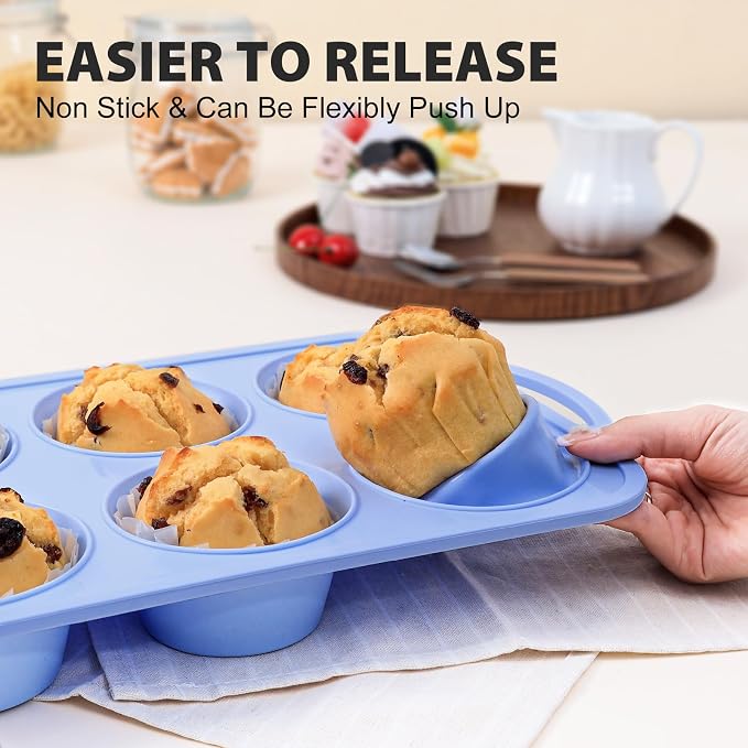 Jumbo Silicone Muffin Pan with Frame, Non Stick Large Cupcake Baking Tin | Silicone Cupcake Pan with Handles 6 Cup, BPA Free Silicon Muffin Tin Tray Extra Large for Baking Egg Bites Mold Vnray Blue