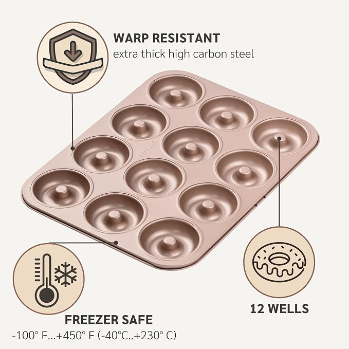 12 Well Donut Pan Nonstick, PFOA & BPA Free | | Non-Toxic - High Carbon Steel - Gold - Donuts Mold for Oven Baking