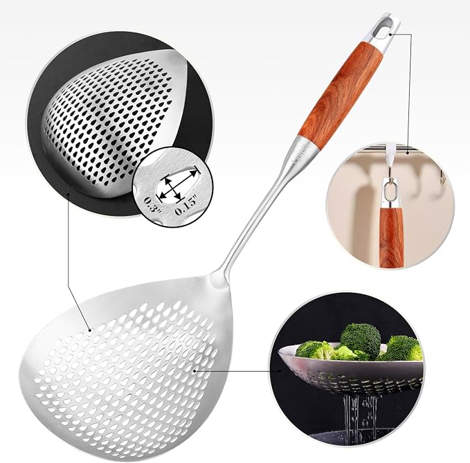 Large Slotted Spoon with Long Wooden Handle - Lyveit 16 Inch Deep Frying Scoop with Hanging Holes, 304 Stainless Steel Fryer Skimmer Spoons for Kitchen Cooking Frying Draining