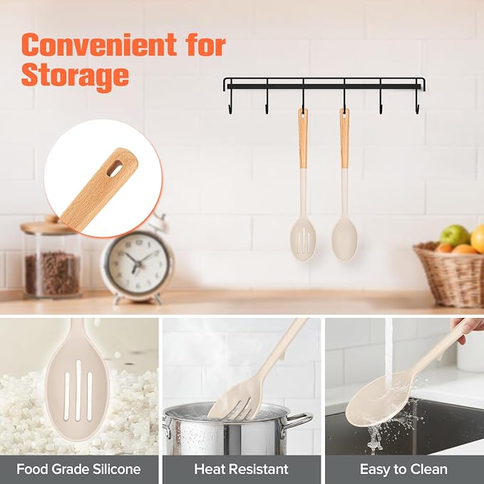 2 Pack Silicone Cooking Spoons, BPA Free, Wooden Handle Heat Resistant Solid & Slotted Spoons for Nonstick Cookware, Suitable for Scooping, Serving and Mixing (Khaki)