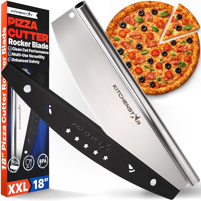 18-Inch Pizza Cutter Rocker Blade, 304 Stainless Steel Slicer Knife, Silver | Protective cover included, one-piece design, food-grade stainless steel, suitable for extra large pizzas