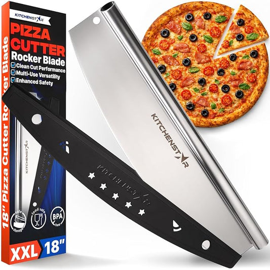18-Inch Pizza Cutter Rocker Blade, 304 Stainless Steel Slicer Knife, Silver | Protective cover included, one-piece design, food-grade stainless steel, suitable for extra large pizzas