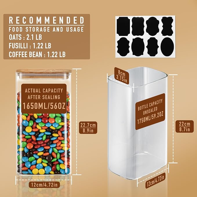 D2scrma 56oz Rectangle Airtight Glass Storage Containers with Bamboo Lids (Set of 3), Square Food Storage Jar, Pantry Organizers for Oats, Cereal, Pasta and Coffee beans (‎with Black Lable)