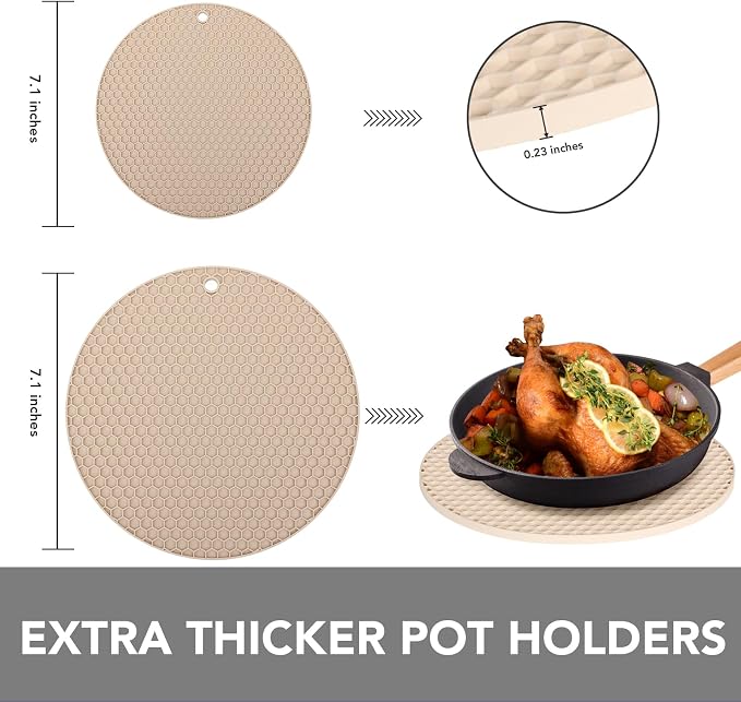 4 Pack Silicone Trivet for Hot Dishes | Heat Resistant Silicone Pot Holders for Kitchen Countertops, Hot Dishes, Jar Opener, Spoon Holder, Easy to Wash, Khaki