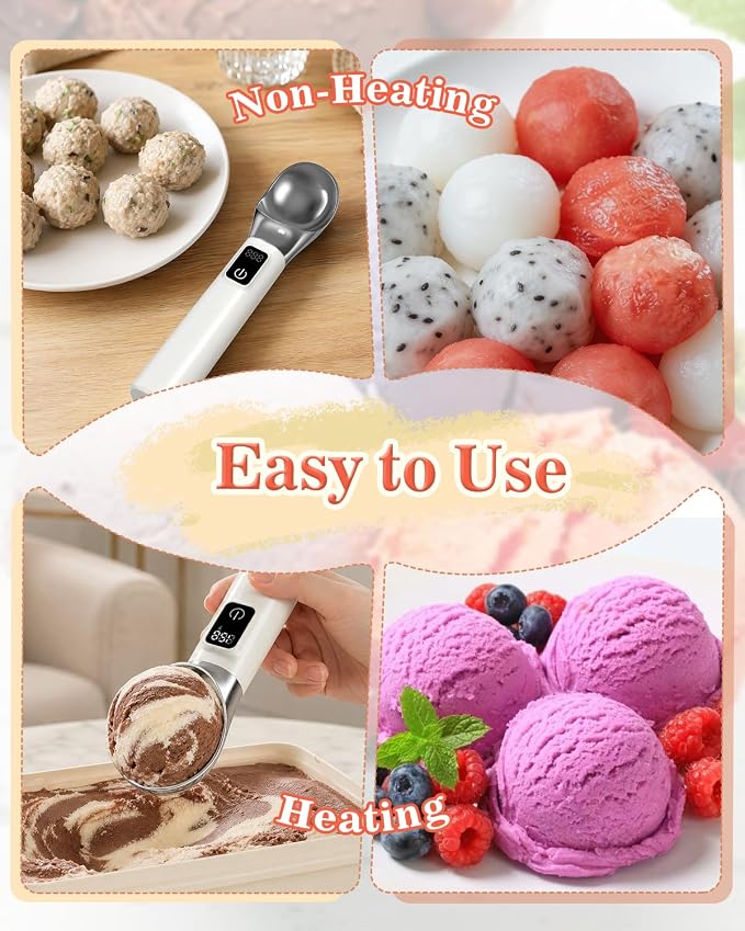 Heated Ice Cream Scoop Rechargeable, Electric Warming Ice Cream Scooper with LED Display, 5000mAh Battery, Food-Grade Metal, Easy Scoop for Hard Ice Cream, Gelato & Frozen Desserts