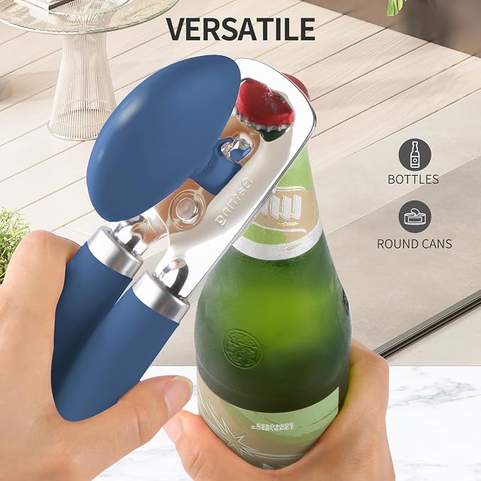 Safring Can Opener Manual, Heavy Duty Stainless Steel Smooth Edge Can Opener With Soft Touch Handle, Oversized Handheld Easy Turn Knob, Multi-Function Bottle Opener, Blue