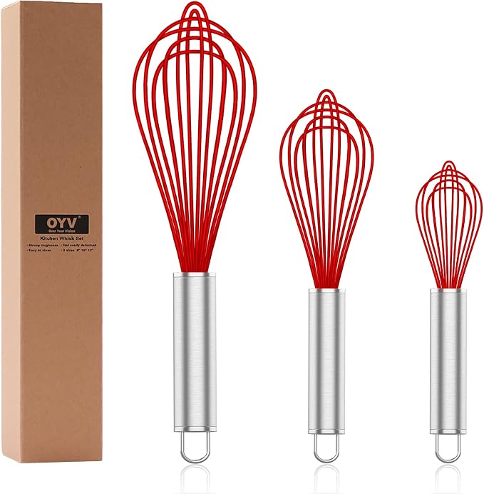 OYV Silicone Rubber Whisk,Premium Whisks For Cooking Non Scratch,Stainless Steel & Silicone Wisk For Nonstick Cookware Pans, High Heat Resistant kitchen Whisks set of 3,Red