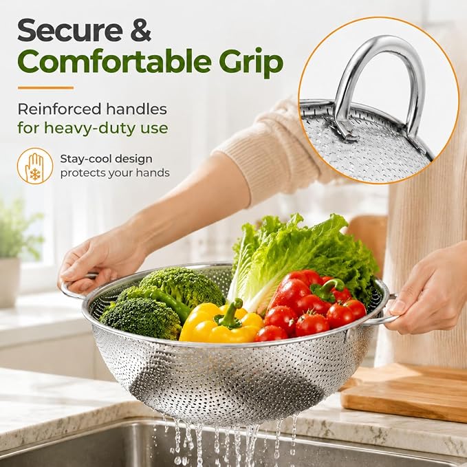 TeamFar Colander Set of 3, Stainless Steel Perforated Metal Colander Strainer with Handles for Spaghetti, Pasta, Berry, Rust Free & Dishwasher Safe - 1/3/5-quart