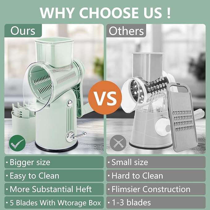Rotary Cheese Grater with Handle: 5-in-1 Cheese Grater Hand Crank, Strong Suction Base for Fruit Vegetables Nuts with Blade Storage Box (Green)
