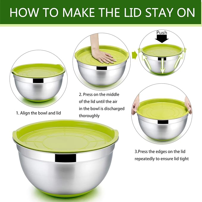 P&P CHEF Mixing Bowls with Lids Set of 5, Stainless Steel Nesting Salad Bowl with Lid & Base for Non-slip Mixing Prepping Storing Serving, 5 Sizes-7/3.5/2.5/1.5/1 QT, Multicolor