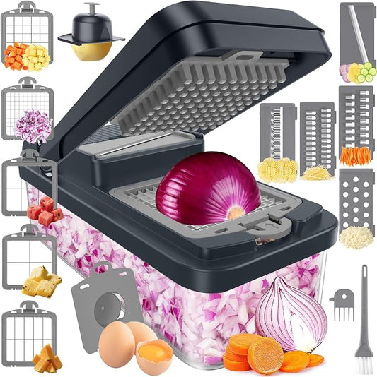 MealHelper 15-in-1 Vegetable Chopper, 10 Blade Veggie Chopper, Practical Food Chopper with Container, Cheese Grater, Home Essentials & Kitchen Gadgets(Grey)