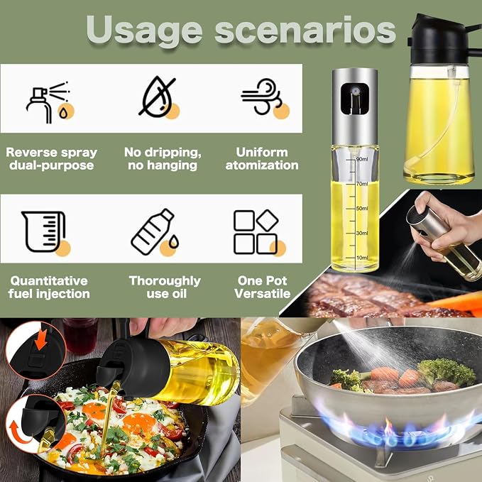 Honimered 3PCS 2 in 1 Oil Dispenser and Oil Sprayer,Oil Dispenser for Kitchen Spray,470ml Olive Oil Bottle,Cooking, Kitchen, Salad, Deep frying, Vinegar, Barbecue Spray Bottle (3PCS 100ml Silver)
