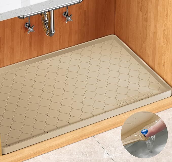 Winisok Waterproof Under Sink Mat 28" x 22", Silicone Mat, Beige | Raised Edge Traps Spills & Leaks, Shelf Liner, Cabinet Protector, for Kitchen, Bathroom, Boots, Pets, Home Essentials