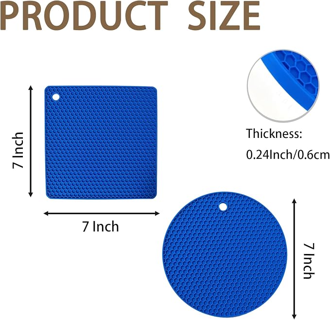 6-Pack Silicone Trivet Mats, Heat Resistant Hot Pads, Dishwasher Safe Kitchen Mats, BPA-Free Pot Holders for Table, Countertop, Stove, Honeycomb Design (Dark Blue, 7” Square/Round)