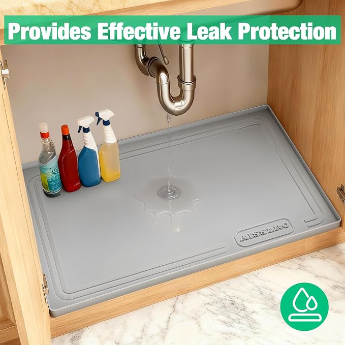 Under Sink Mat 25" X 19", Waterproof Silicone Cabinet Kitchen Liner, Gray | BPA-Free Raised-Edge Cabinet Protector & Leak Tray for Bathroom Cabinets, Boots, Pet Feeding Dog & Cat Mats, Dishwasher Safe