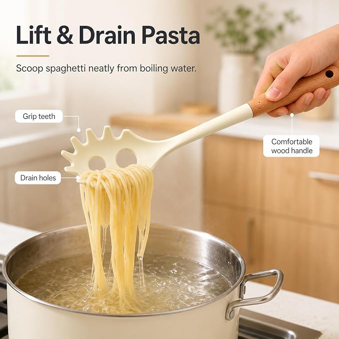 Silicone Pasta Server Spoon Nonstick Spaghetti Spoon with Wooden Handle Pasta Serving Spoon for Noodles Spaghetti Pasta Salad and Daily Cooking