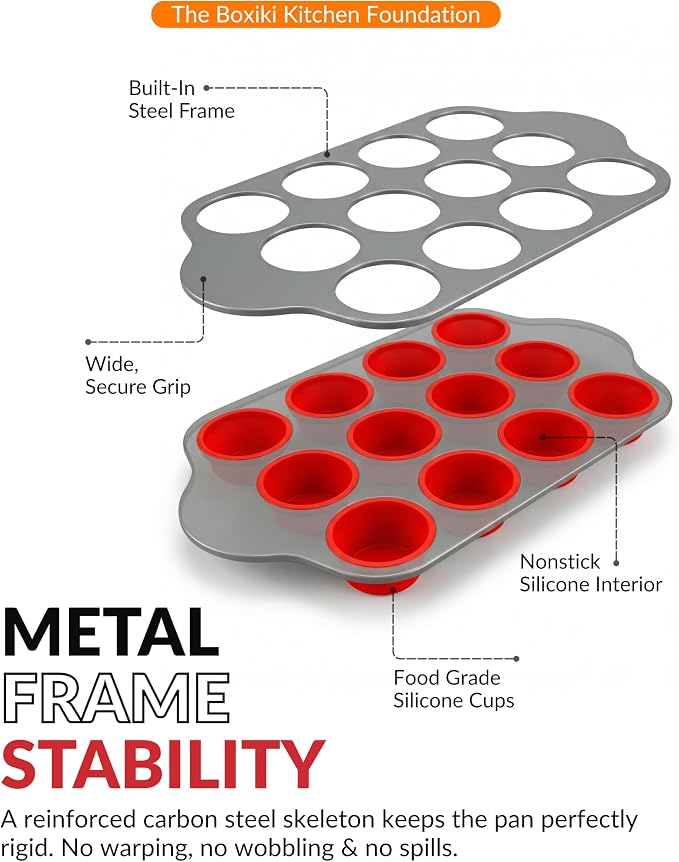 Non-Stick 12 Cup Silicone Muffin Pan with Steel Frame - BPA Free, Non-Toxic, Anti-Warp, Durable & Easy to Pop Silicone Muffin Tin - Perfect Cupcake Pan