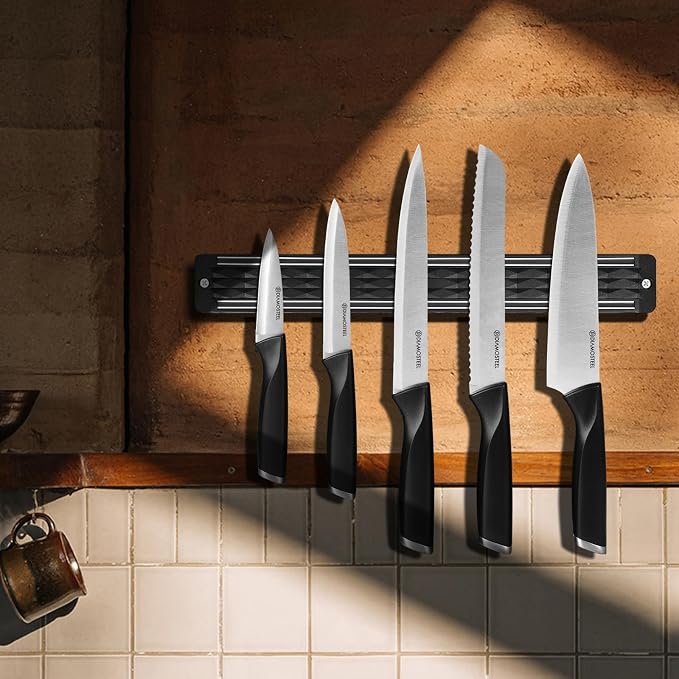 6-Piece Black Knife Set with Magnetic Strip for Wall, Ultra Sharp Magnetic Knives Set for Kitchen, Dishwasher Safe Small Knife Set for Meat Vegetable Cutting