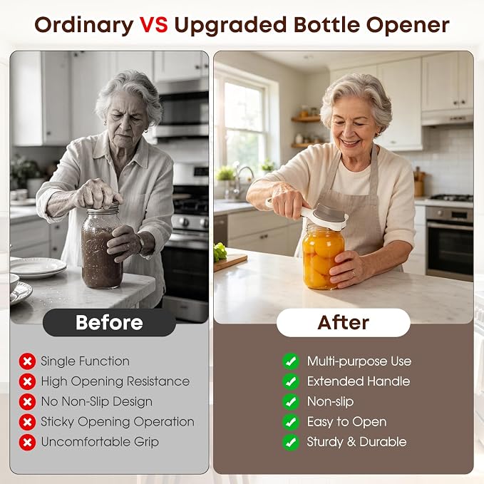 4-in 1 Adjustable Jar Opener for Seniors, Arthritis & Weak Hands, Stainless Steel Lid Opener for Jars, Bottles & Corkscrews, Easy Grip Kitchen Tool for Pickle Mason Jars