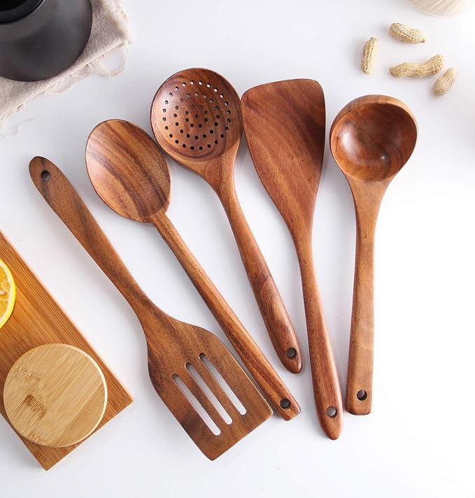 6Pcs Wooden Spoons for Cooking, Wood Kitchen Utensil Set with Holder, Natural Acacia Wood, Heat Resistant, Non-Stick, Wooden Cooking Utensils Set for Mom, Wife Cooking Gifts
