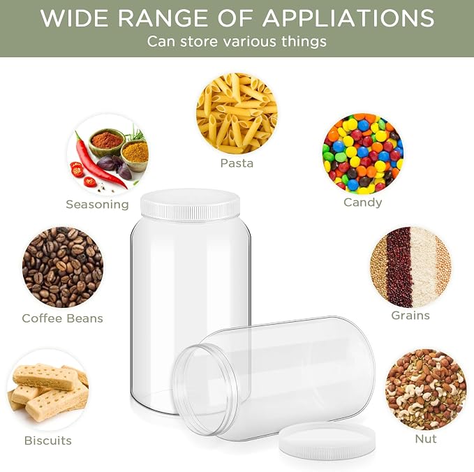 8 Pcs 1 Gallon Clear Plastic Jars Airtight Pantry Large Mouth Jars Plastic Jug Cylinder Containers with Lids for Candy Butter Honey Sugar Cookies Arts Crafts Bartender Kitchen(White Lids)