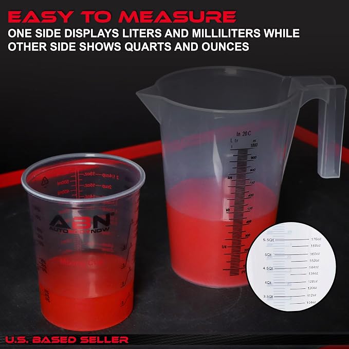 ABN 5 Piece Set of Graduated Paint Mixing Pitchers Quart and Gallon Sized Mixing Cups - 5000 ml, 3000 ml, 2000 ml, 1000 ml, 500 ml Plastic Mixing Cups for Paint, Resin, Epoxy and Home Kitchen and