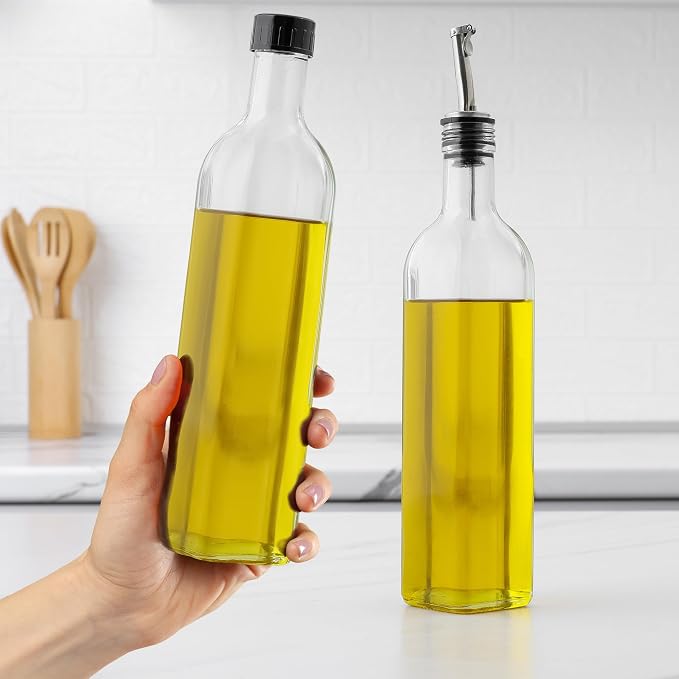 Zulay Kitchen 17oz Olive Oil Dispenser Bottle – Glass Oil Cruet with Spout, Funnel & Pourers, Easy-Pour Decanter for Kitchen Cooking and Serving (Clear)