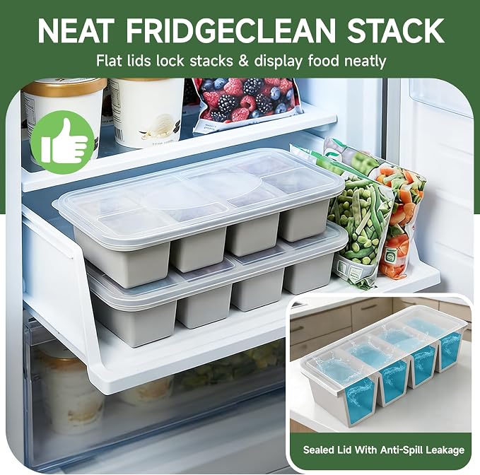 Tvmania 2-Pack Silicone Freezer Tray with Lid - 1 Cup / 4 Compartment Soup Freezer Container for Broth, Sauce & Meal Prep - Large Ice Cube Tray for Whiskey - Stackable, Easy Release, Oven Safe