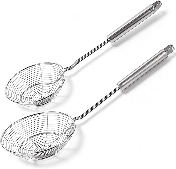 2Pcs Spider Strainer Skimmer, Stainless Steel Wire Strainer Ladle for Cooking and Frying, Kitchen Utensils Pasta Strainer Spoon, 5.4 Inch + 6.1 Inch