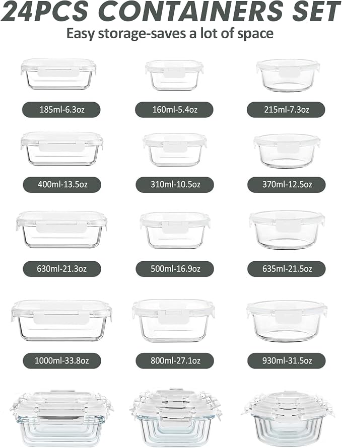 VERONES 12 Packs Glass Food Storage Containers Set with Lids, White | Airtight Glass Lunch Containers, Glass Meal Prep Containers with Lids, for Microwave, Oven, Freezer & Dishwasher Friendly