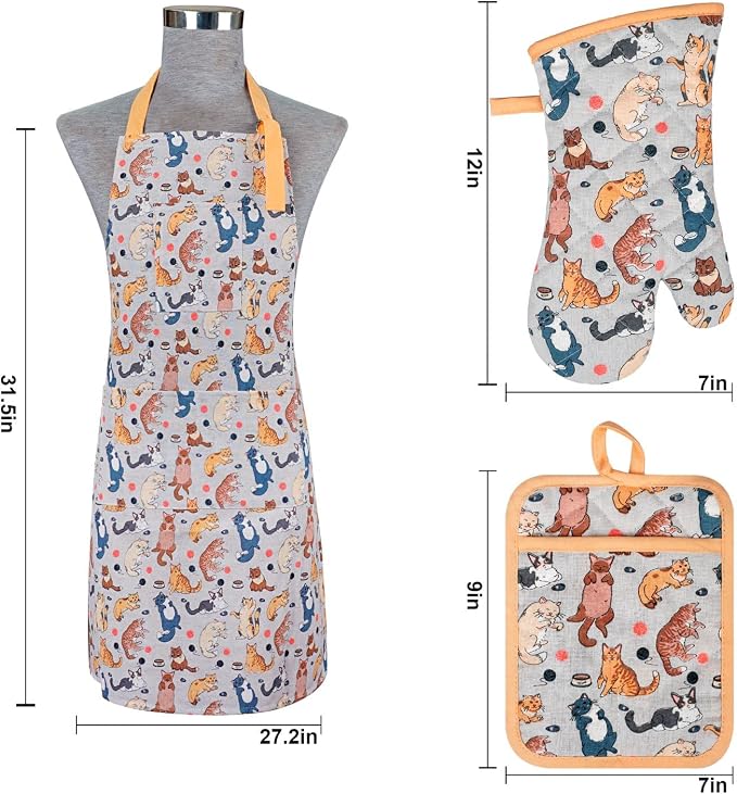 Alselo Oven Mitts and Pot Holders with Chef Apron,Set of 5 Heat Resistant Kitchen Gloves and Silicone Non-Slip Potholders Adjustable Neck Buckle Chef Apron, Cotton Nice Design for Cooking (Cat)