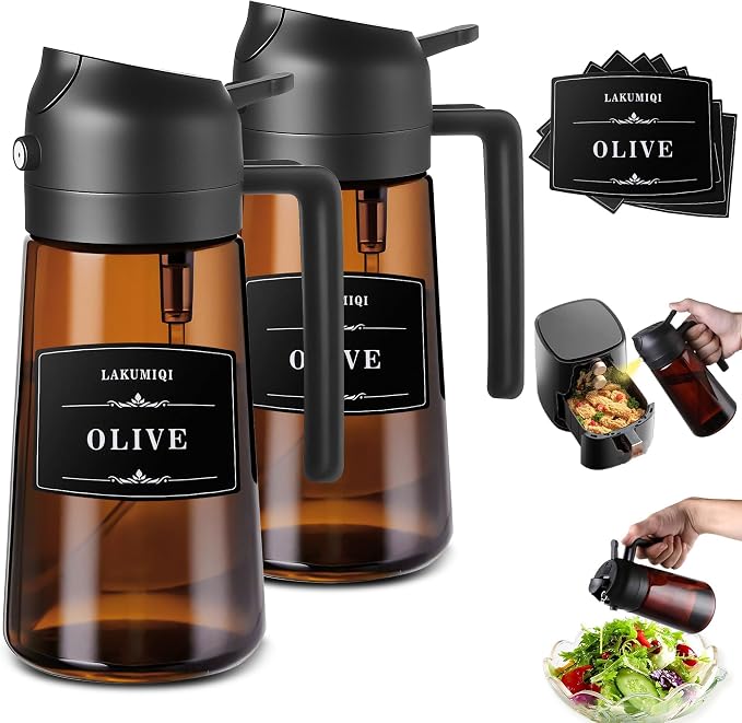 Oliver Oil Sprayer & Dispenser for Cooking Bottle 16oz Dark Glass Fine Mist | 2pcs,Brown Bottles-Black and Black