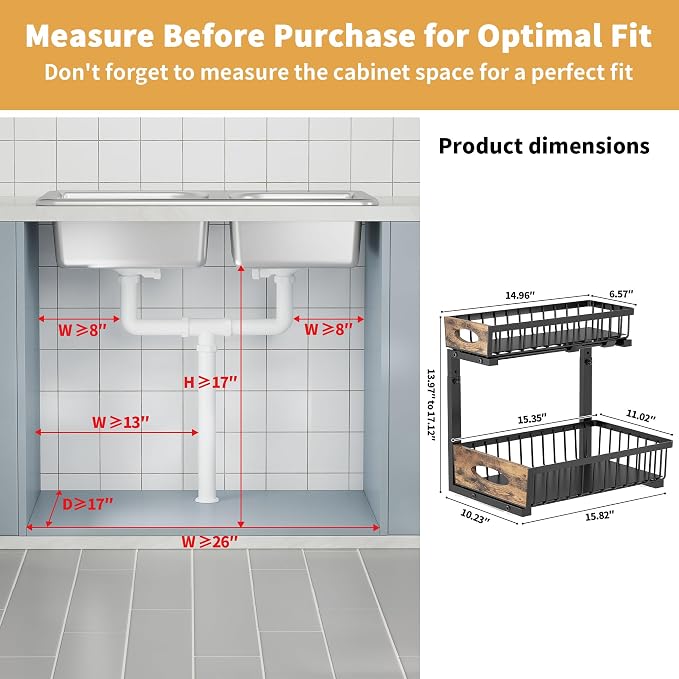 2 Pack Metal Under Sink Organizer with Sliding Drawer, Black | Anti-rust Carbon Steel, L-Shaped, Adjustable Height, Pull-out, Stable 80lb Load-bearing Capacity for Kitchen,Bathroom, Pantry