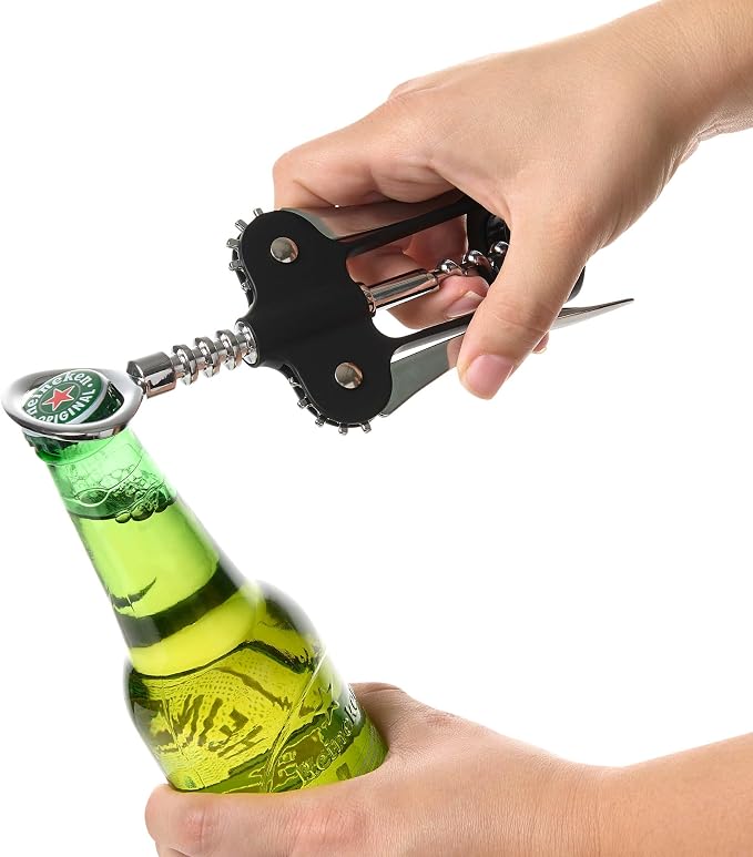 HIC Kitchen Bar Soft-Touch Winged Corkscrew, Easy Removal For Natural And Synthetic Corks, Built-In Bottle Opener, Wine Accessory