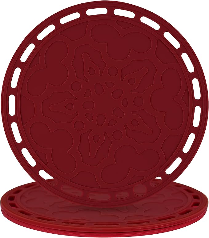 Silicone Trivet Big Round Pot Holder and Trivet for Hot Dishes and Pots, Hot Mat for Countertops, Tables, Spoon Rest - Set of 3 (Merlot Red)