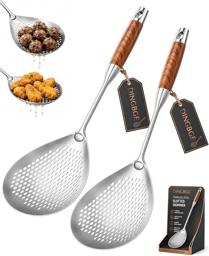 Wooden Handle Stainless Steel Skimmer Spoon Spider Strainer Slotted Scoop Frying Ladle Kitchen Gadgets Deep Fryer Cooking Draining Pasta Noodle Hot Pot Dumpling Seafood 304 Long(2PCS)