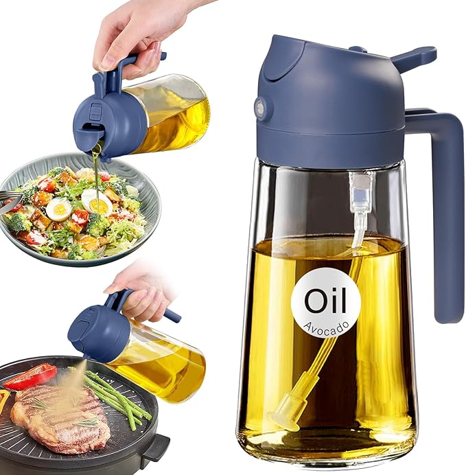 YARRAMATE 16 oz 2-in-1 Glass Olive Oil Sprayer for Cooking, Navy | Food-grade dispenser bottle, 470 ml, spray and pour, portion control, stickers included, for salad, frying and BBQ