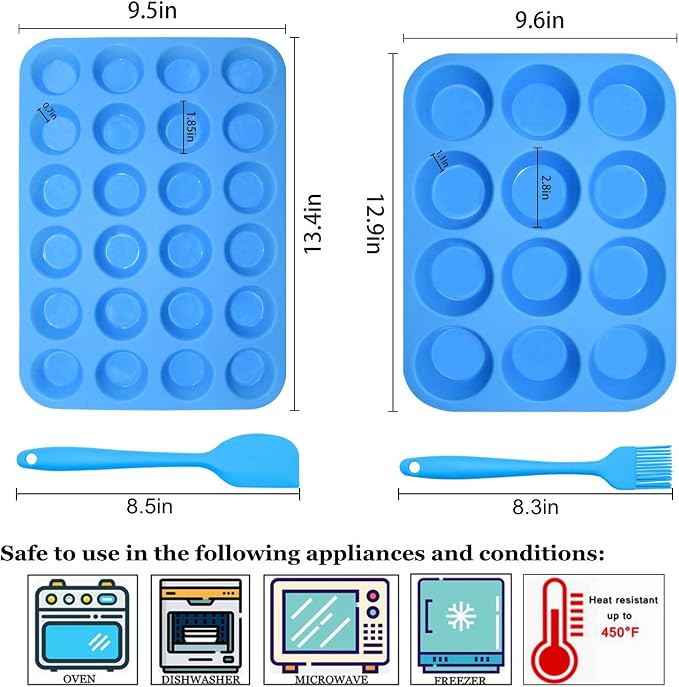 Silicone Muffin Pan Cupcake Set,Non-Stick 12 Cups and Mini 24 Cups | Silicone Baking Molds ,BPA Free Muffin Tin with 1 Spatula & 1 Oil Brush,BPA-Free,Dishwasher-Safe(blue)