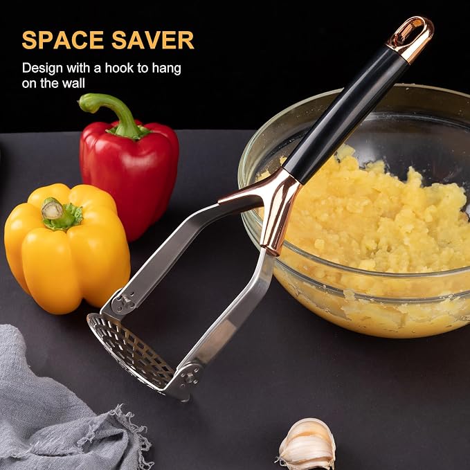 Potato Masher, Folding Stainless Steel Non Stick Non-Slip Mash Potatoes Masher 12 Inch Long Handle Saves Space Heavy Duty Bean Smasher Tool for Avocado, Bean, Rose Gold