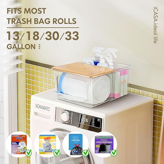 iCASA 2 in 1 Trash Bag Holder Garbage Bags Dispenser Under Sink Organizer | Stackable Trash Bag Organizer for 13/30/33 Gallon Bags, Clear Storage Bins for Kitchen, Cabinet, Laundry Room Organization