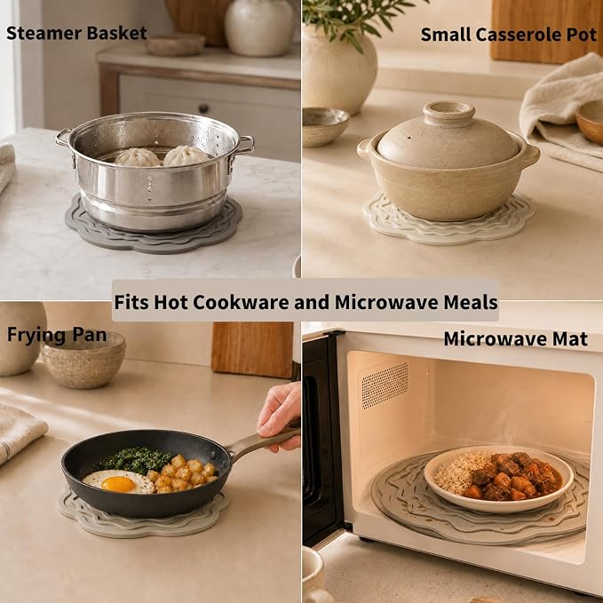 10+7 Inch Silicone Trivets for Hot Dishes Pots Pans, Hot Pads for Kitchen | One 10 inch mat plus two 7 inch mats protect counters and tables under Dutch ovens, bowls, teapots and microwave meals.