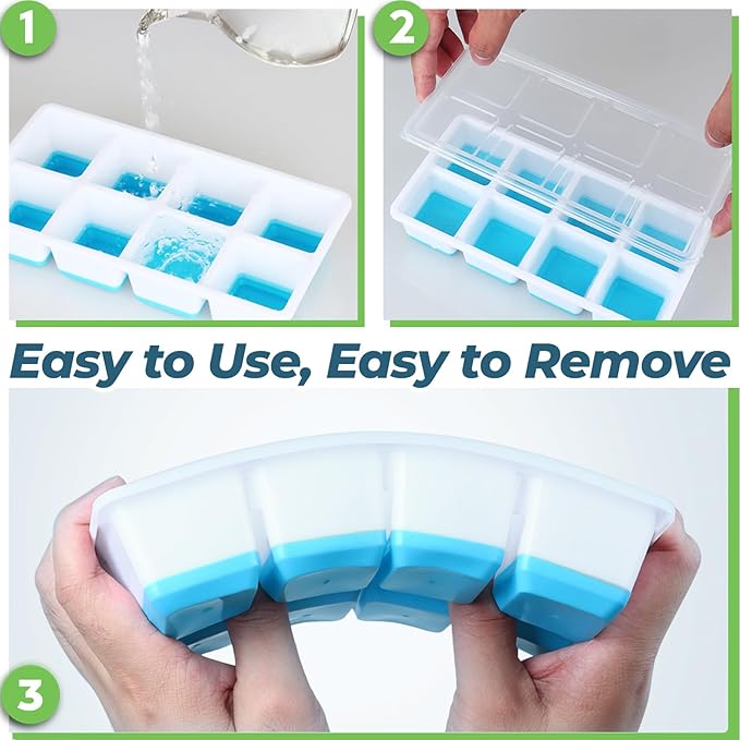Large Ice Cube Trays with Lid, Jrisbo 2 Pack Stackable Silicone Ice Cube Molds for Freezer, Easy Release 16 Big Square Ice Trays for Whisky Cocktails (2 Blue 2 Green)