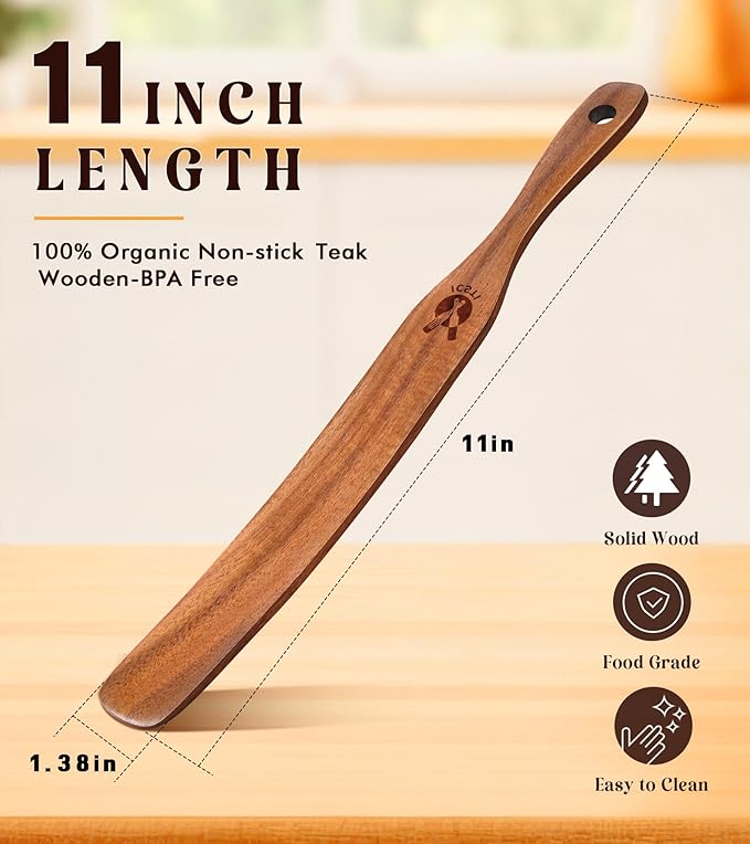 Skinny Spurtle for Sourdough Starter, Mixing, Reaching Bottom of Jar, Dough Whisk, Natural from High Moist Resistance Teak, Spurtles Kitchen Tools Wooden Kitchen Utensils for NonStick Cookware