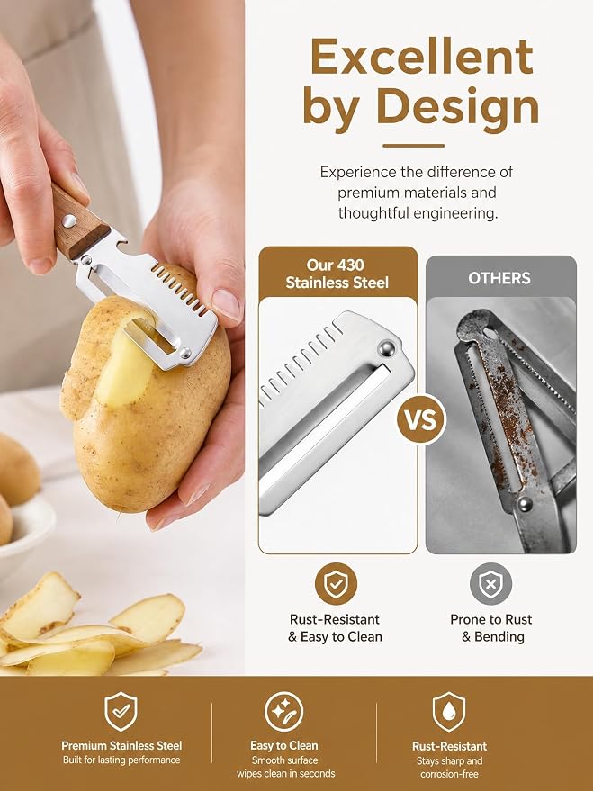 3-in-1 Multifunctional Vegetable Peeler Curved Stainless Steel Blade with Wooden Handle - Peeling, Julienne & Bottle Opener Veggie Peeler for Home Chefs, Camping, Kitchen Tool (3PCS)