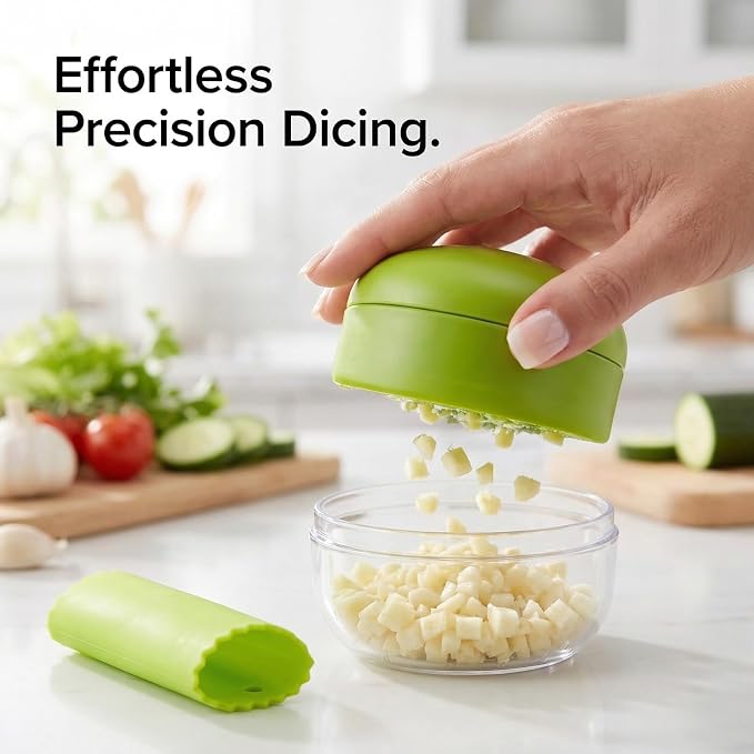 2-Pack 3-in-1 Garlic Press Set, Stainless Steel Garlic Mincer with Garlic Peeler & Cleaning Brush, Garlic Crusher Tool with Storage Container for Kitchen Cooking (Green)