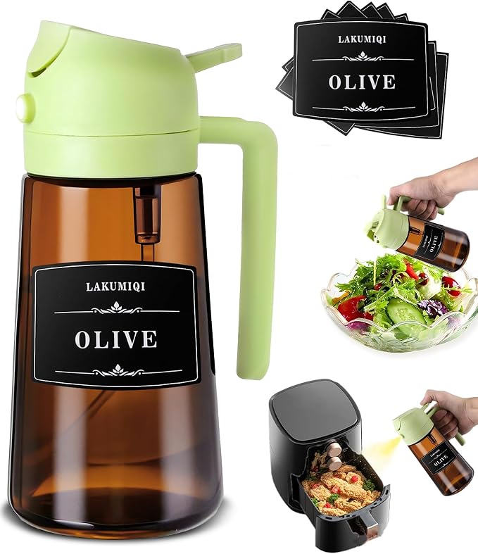 Oliver Oil Sprayer Dispenser for Cooking Bottle 16oz Dark Glass Green | 2-in-1 Lightproof Borosilicate Glass Oil Bottle, Wide Mouth for Easy Refill Clean
