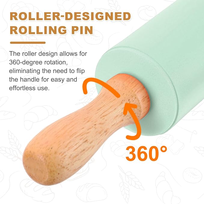 uxcell Rolling Pins for Baking, 9 Inch Silicone Non-Stick Rolling Pin Baking Roller Wooden Handle for Home Kitchen Dough Cookies Pastry, Light Green