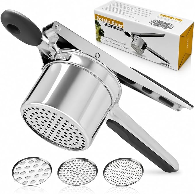 15oz Potato Ricer Heavy Duty Stainless Steel 3 Interchangeable Discs Potato Masher Spaetzle Maker with Silicone Handle Potato Press Kitchen Tool Ricer for Mashed Potatoes for Kitchen