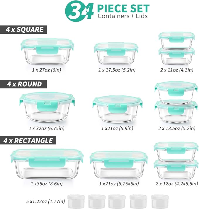 34pcs Glass Food Storage Containers with Lids Set, Airtight Glass Meal Prep Containers (17 Containers & 17 Lids), Leak Proof Lunch Container BPA-Free, Microwave, Oven, Freezer, Dishwasher Safe-Green